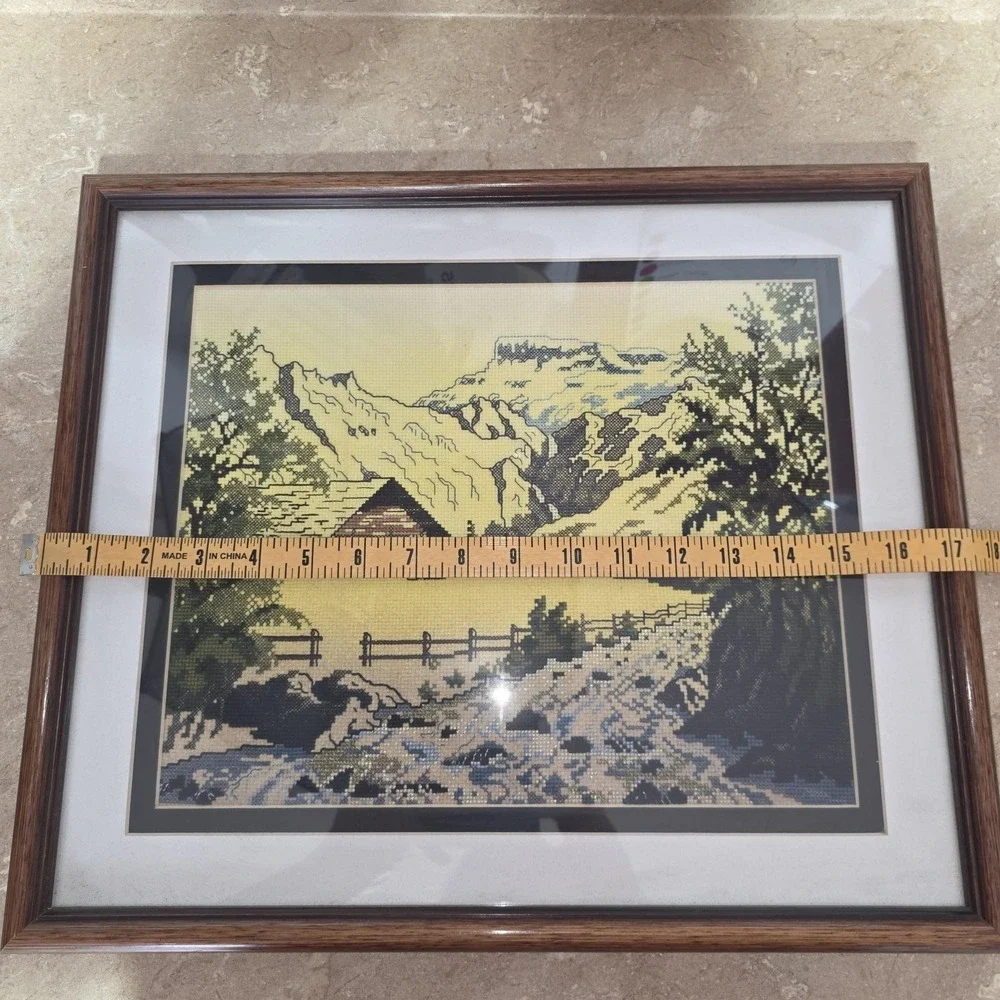 Vintage Handmade Mountain Cabin Landscape Cross Stitch Tapestry Framed 14x16